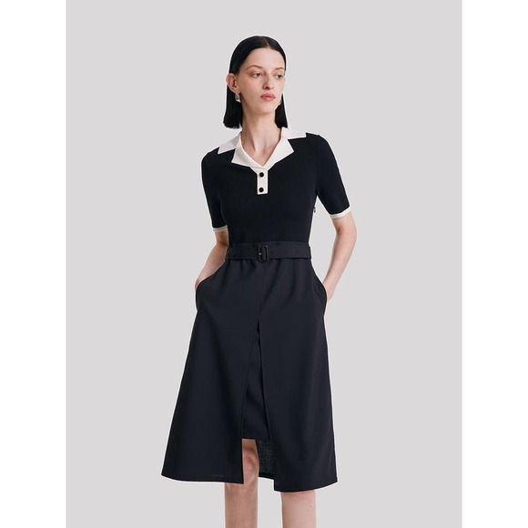 Goelia Dresses & Skirts - Goelia Worsted Woolen Patchwork Midi Dress Black Belted Button Front Sz S